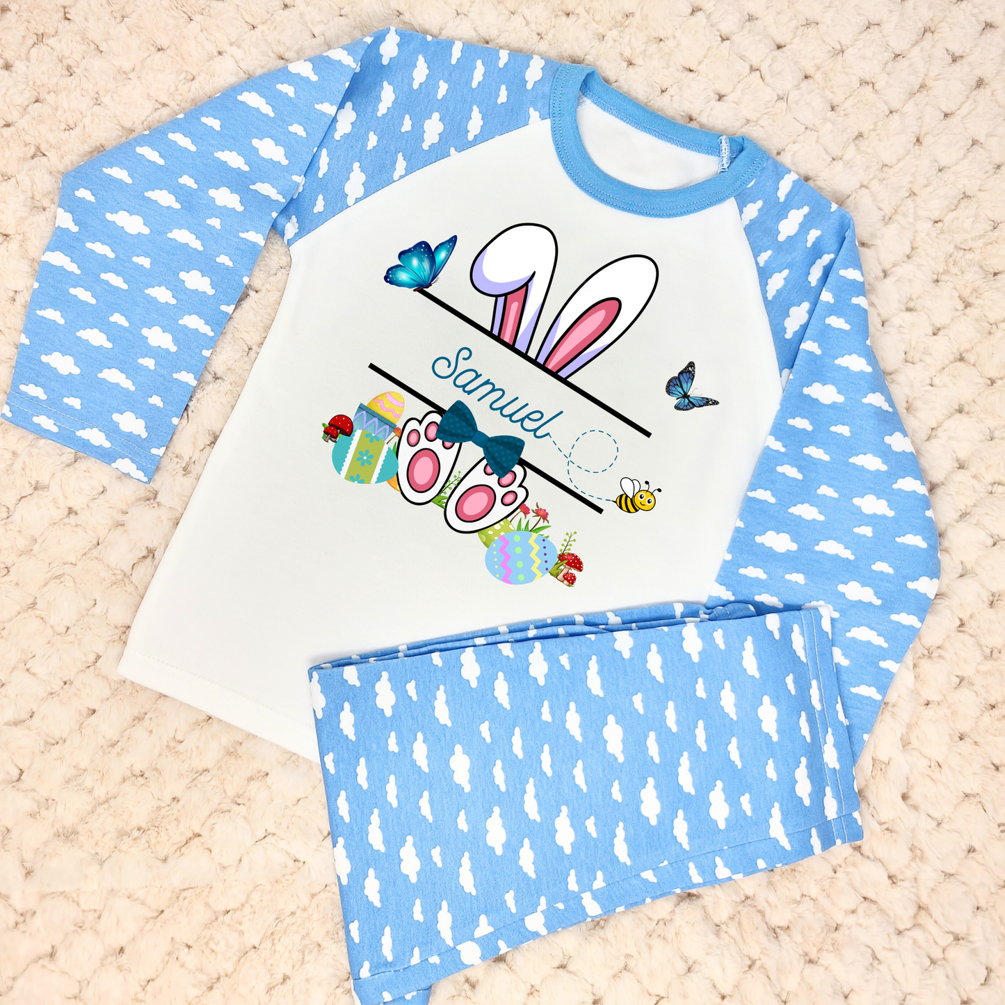 Personalised Easter pyjamas, baby sleepwear, White Rabbit pajama set, cute children's pajamas, personalised easter sleepwear, Easter celebration outfits, Easter bunny pjs with name