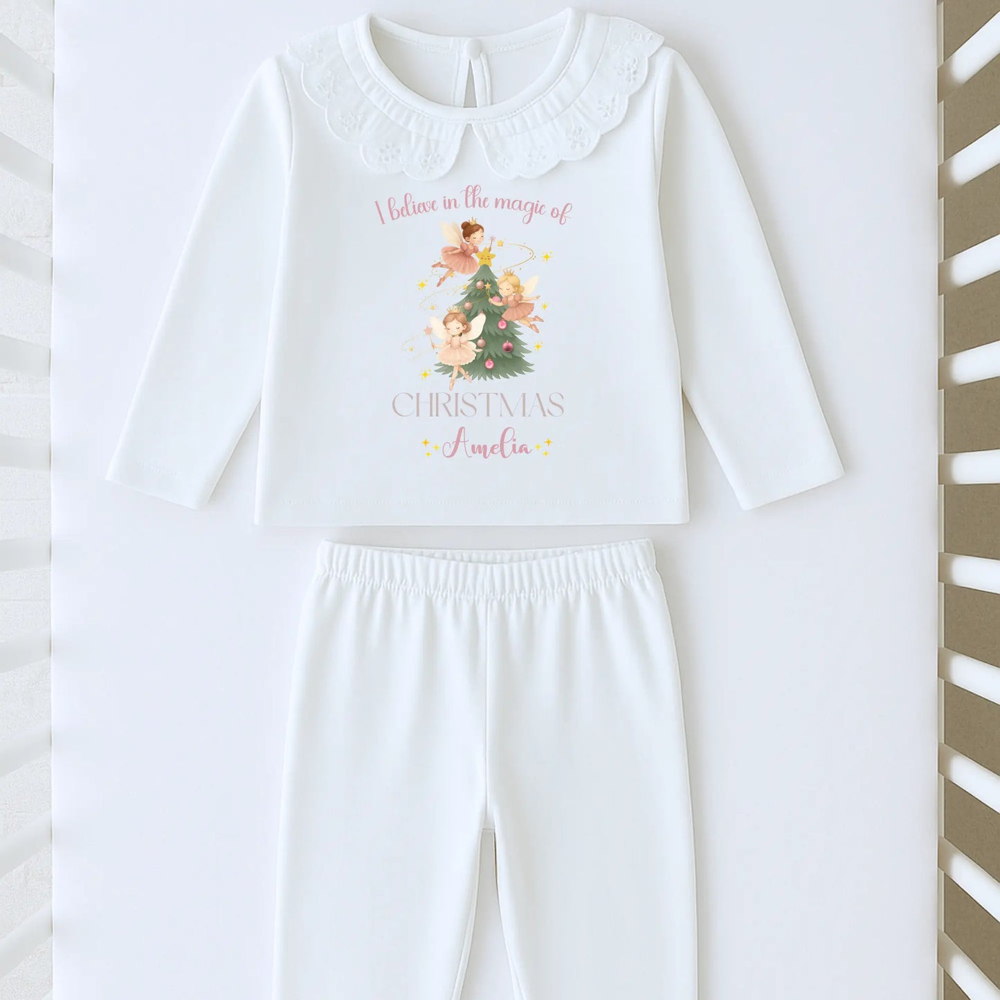 Girls Christmas pyjamas - personalised frilly white magical fairy pyjamas, When I wake up it will be Christmas