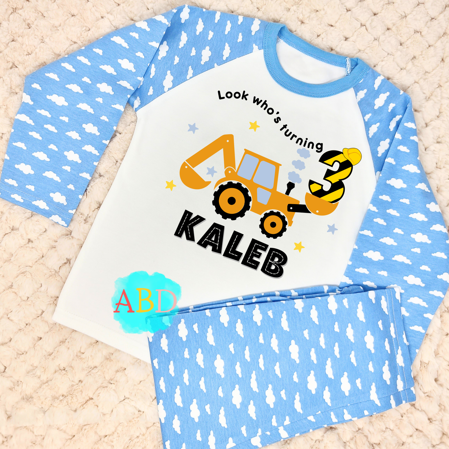 Digger birthday pyjamas, when i wake up construction digger, personalised pjs boys, boys birthday pyjamas, pajamas with name age