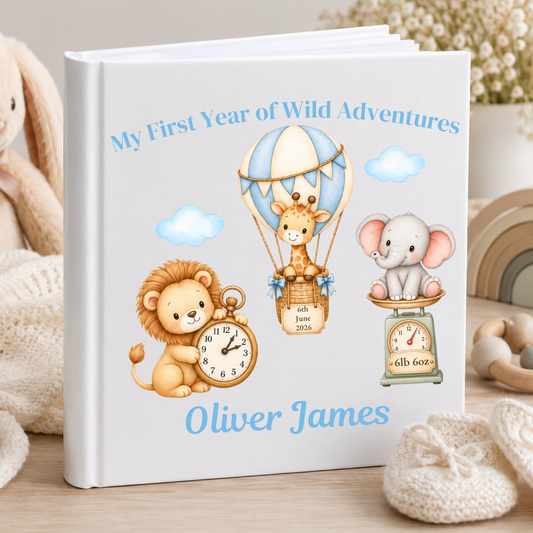 Personalised Baby Photo Album with blue safari animals, baby's name, birth date, time and weight, designed to capture his first year.