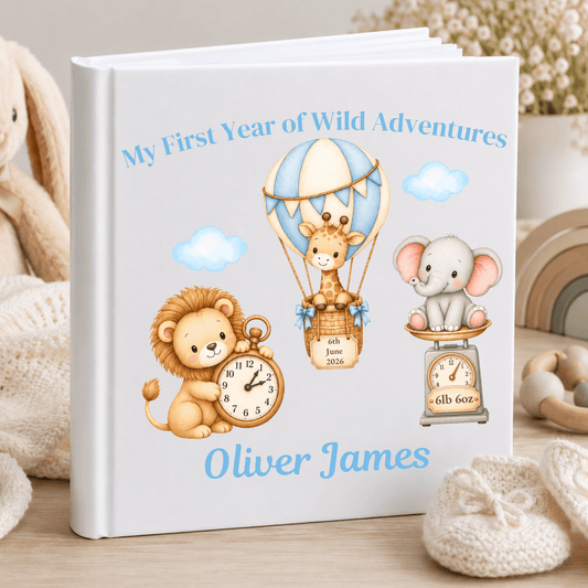 Personalised Baby Photo Album with blue safari animals, baby's name, birth date, time and weight, designed to capture his first year.