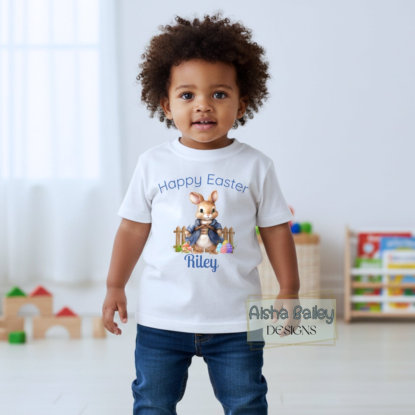 Personalised Easter top for boys with white rabbit bunny design and custom name, available as sweatshirt or t-shirt