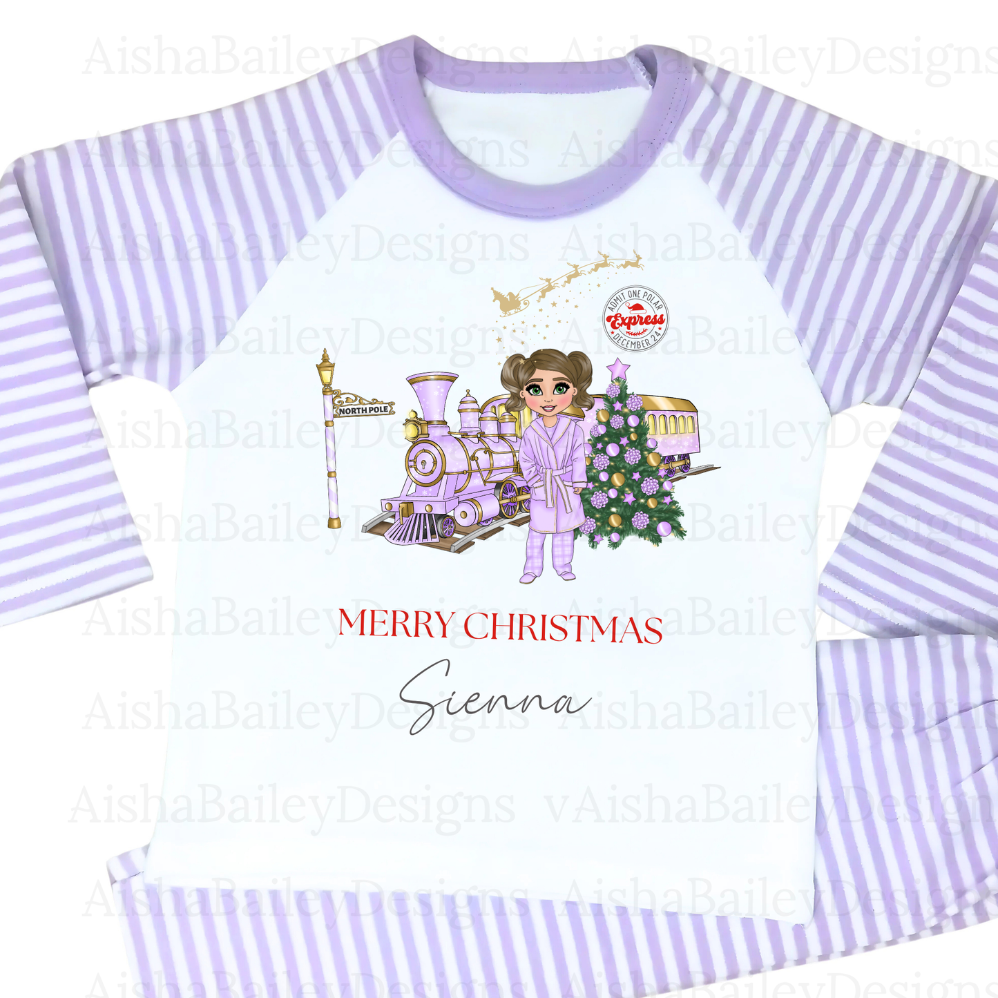 Polar Express Christmas Pyjamas: A set of Polar Express Christmas pyjamas for children, featuring a festive design with a Christmas train and the message "Merry Christmas." The pyjamas are customizable, allowing for personalization of the doll's hair color, skin tone, and eye color to reflect the child's unique features, creating a special, memorable keepsake.