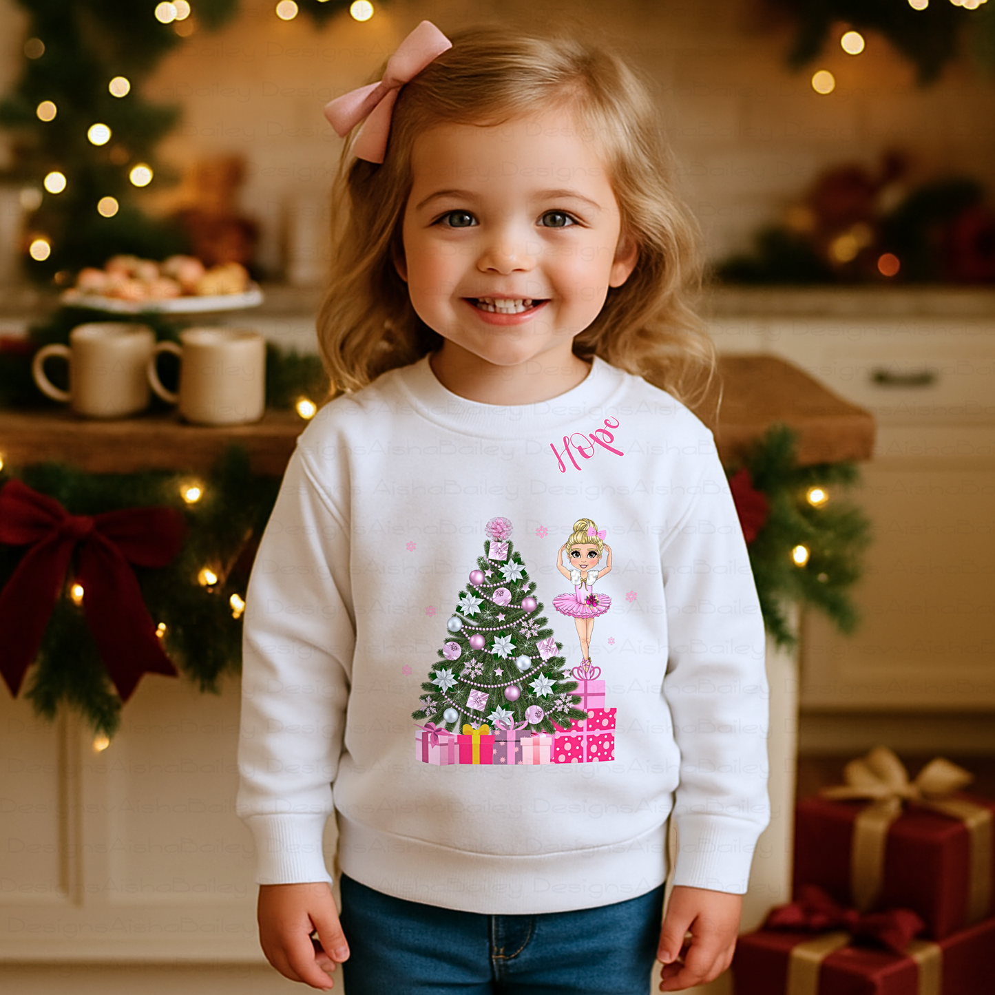 Personalised Christmas sweatshirt with ballerina customised to match child’s features, festive kids jumper, Christmas Jumper Day