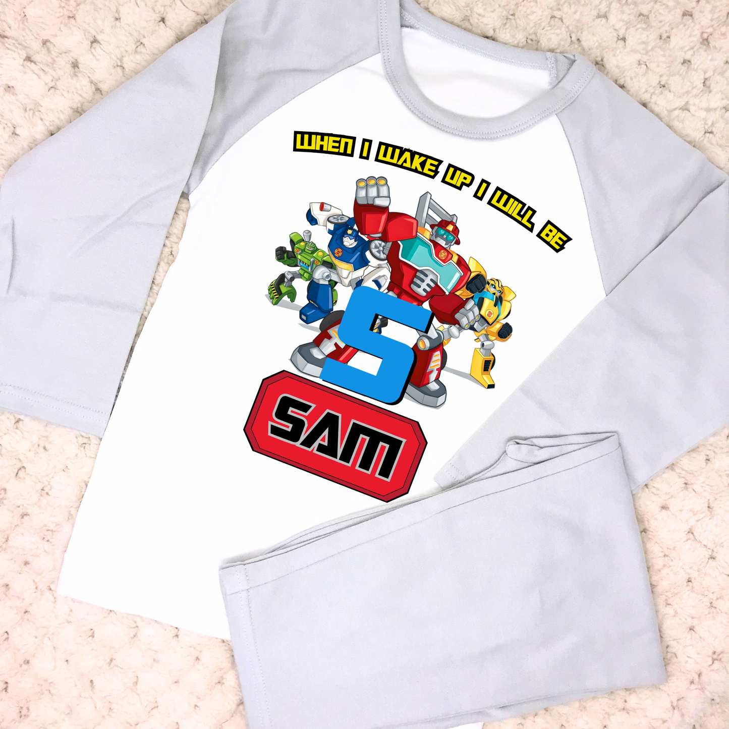 Transformers Birthday Pyjamas for Boys: Customised Transformers Birthday PJs, Rescue bots pjs, boys transformer birthday, robot birthday pjs