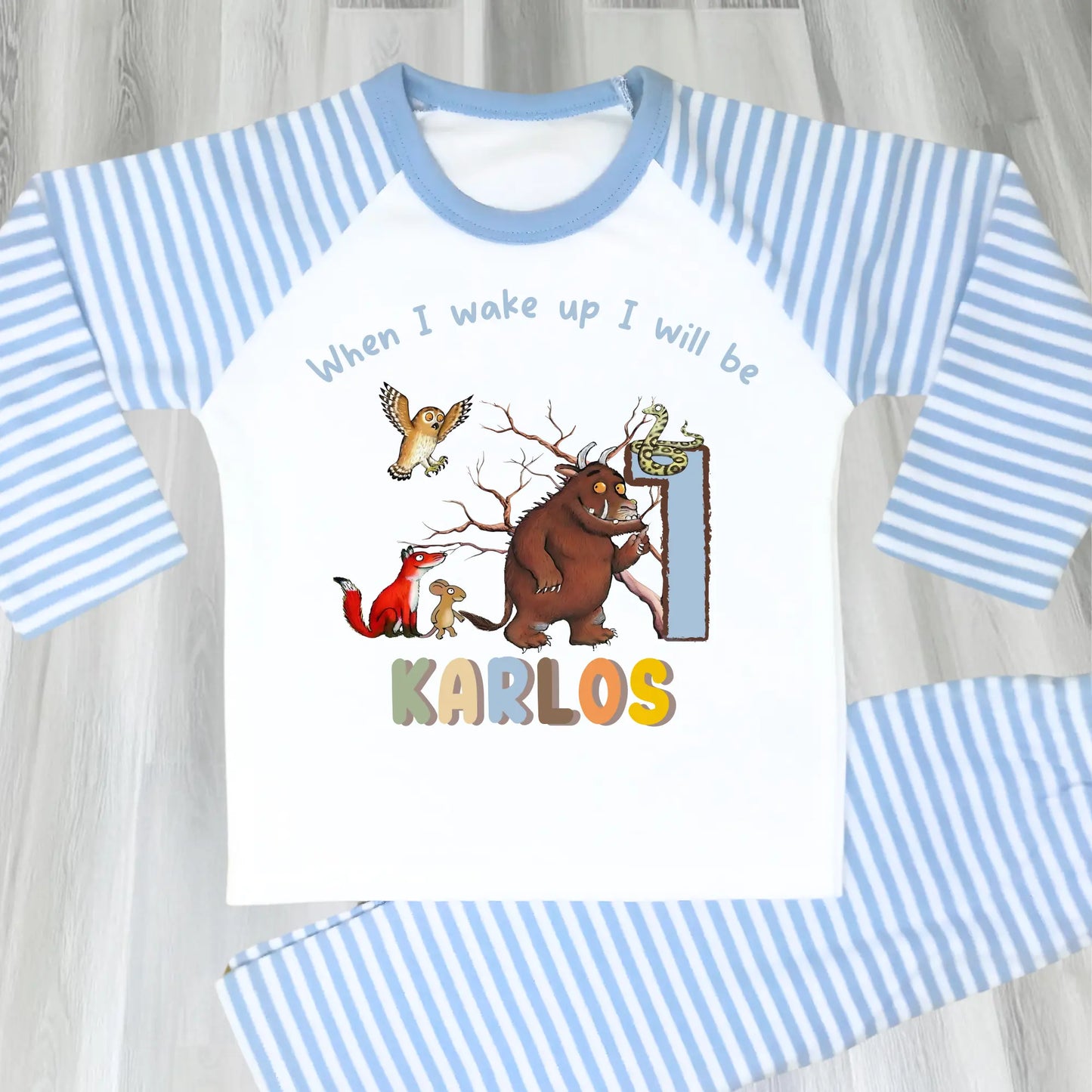 Personalised Gruffalo birthday pyjamas for boys with custom name and age