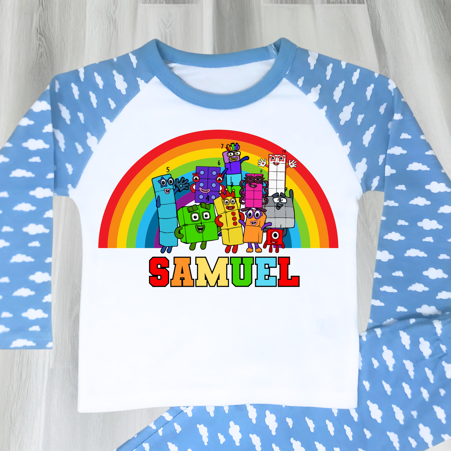 Numberblocks personalised pyjamas, numberblocks custom pjs, numberblocks with name, boys numberblocks pjs