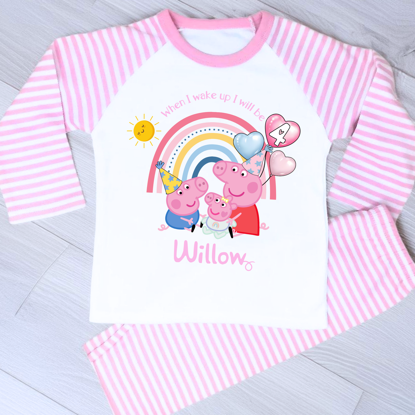 Personalised girls Peppa Pig Birthday Pyjamas featuring Peppa, George, and baby sister Evie; soft cotton; vibrant design; ideal birthday gift; peppa pigs sibling, peppa's baby sister