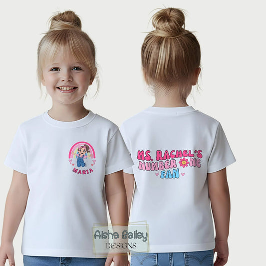 Personalised Ms Rachel t-shirt Number One Fan T-Shirt for girls with custom name and fun back print design