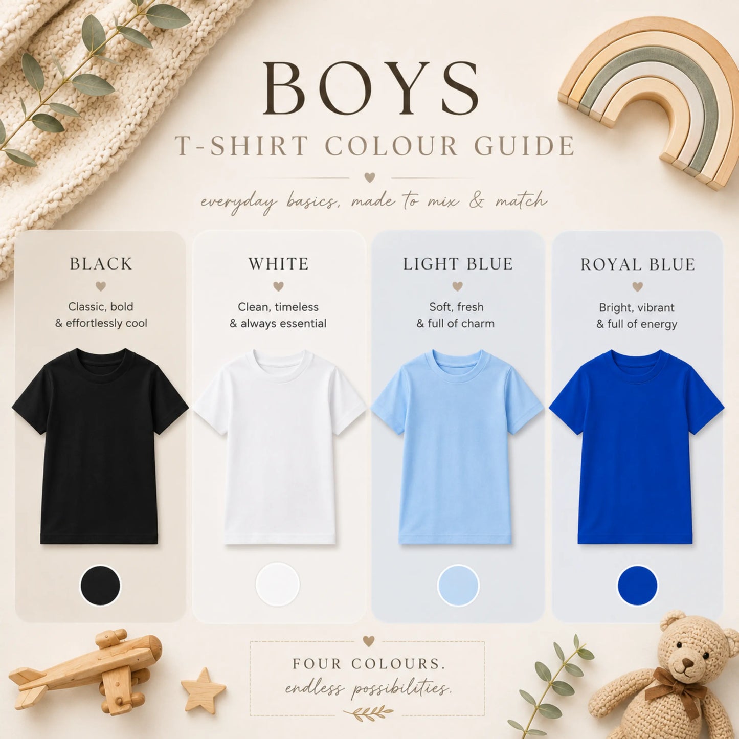 Boys Personalised Balamory Birthday T-Shirt, Colour guide for boys' t-shirts with black, white, light blue, and royal blue shirts on a neutral background.