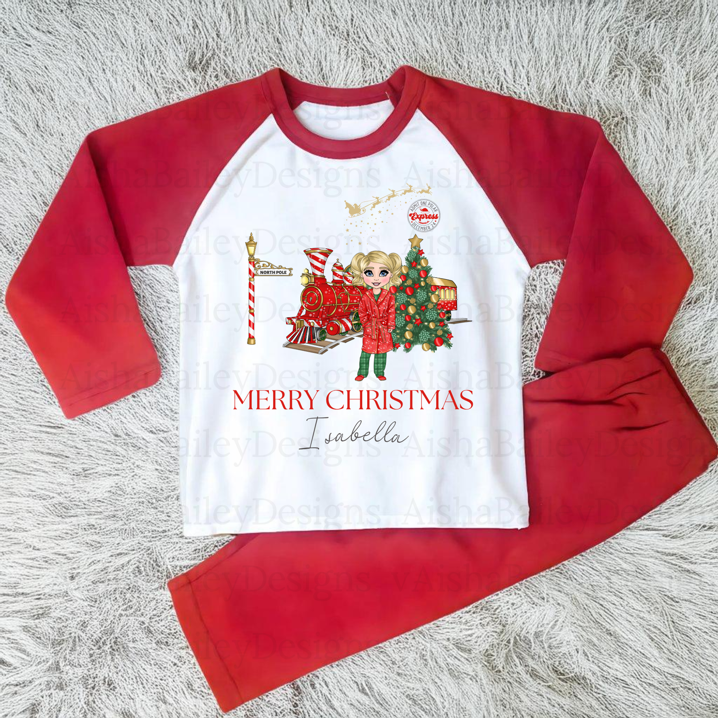 Polar Express Christmas Pyjamas: A set of Polar Express Christmas pyjamas for children, featuring a festive design with a Christmas train and the message "Merry Christmas." The pyjamas are customizable, allowing for personalization of the doll's hair color, skin tone, and eye color to reflect the child's unique features, creating a special, memorable keepsake.