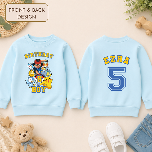 Personalised Pokémon Birthday Sweatshirt for Boys, white gamer jumper with colourful Pokemon characters, birthday age and custom name on back.