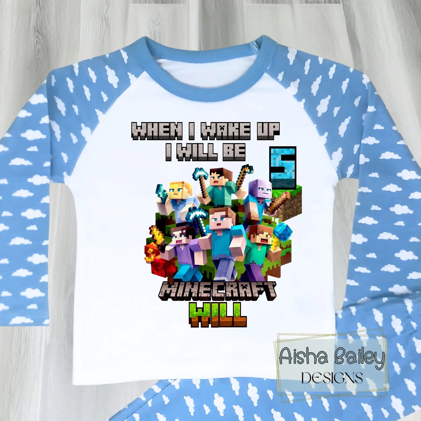 Personalised boys Minecraft birthday pyjamas with child’s name and age, featuring vibrant game-inspired design on a soft cotton pyjama set.