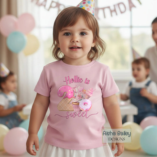 Personalised two sweet birthday t-shirt for toddler girl with ice cream donut design and custom name