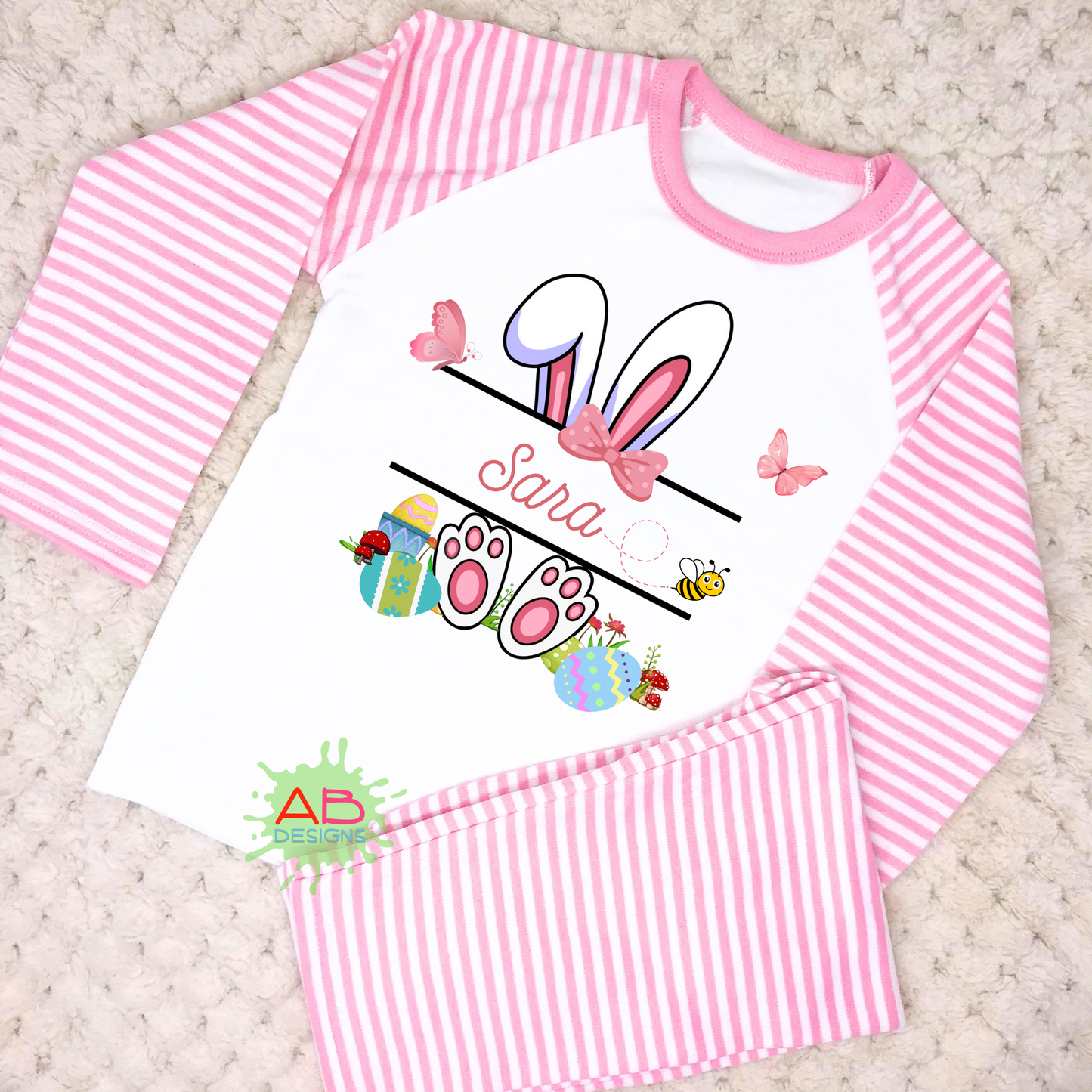 Personalised Easter pyjamas, baby sleepwear, White Rabbit pajama set, cute children's pajamas, personalised easter sleepwear, Easter celebration outfits, Easter bunny pjs with name