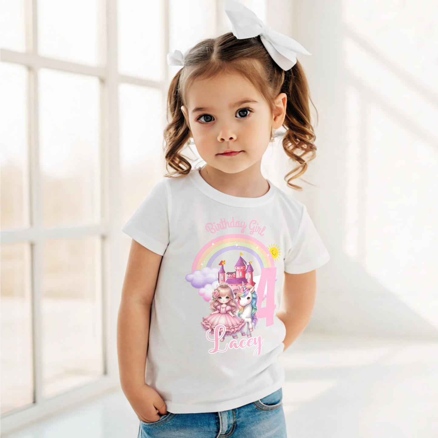 Girls' Personalised Princess and her Unicorn Birthday t-shirt - any name and age