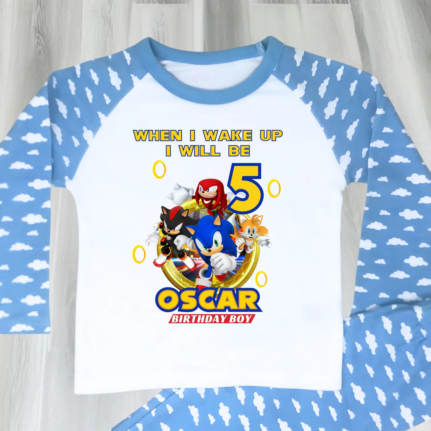Boys Sonic birthday pyjamas, boys personalised sonic, gamers birthday pjs, sonic the hegehog pjs, sonic birthday pajamas
