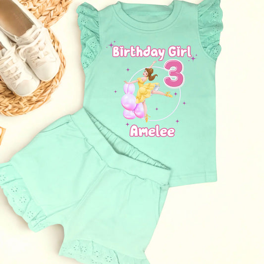 Personalised Girls Princess Ballerina Birthday Outfit, Ballerina Birthday Frilly Shorts & Top in Pink. At the top it says Birthday Girl, followed by a princess ballerina in a balloon arch and the child's name underneath.