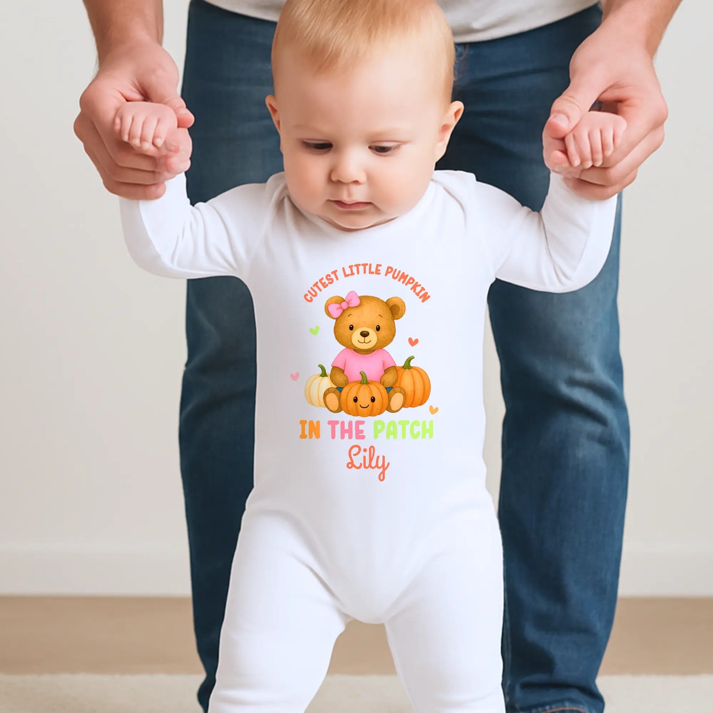 First Halloween Outfit: Personalised Halloween baby bib, romper, vest or t-shirt with teddy bear “Cutest Pumpkin in the Patch” design.