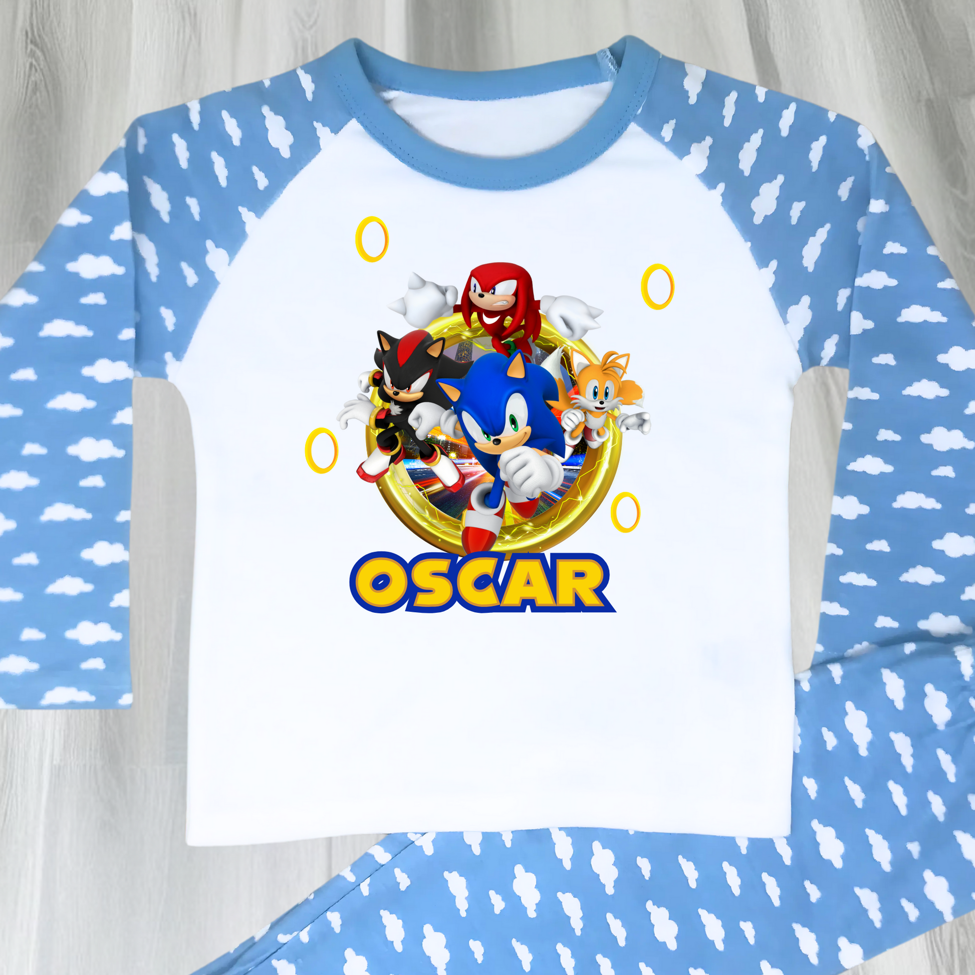 Sonic personalised pyjamas, sonic custom pajamas, gamers pjs with name, boys custom sonic pjs