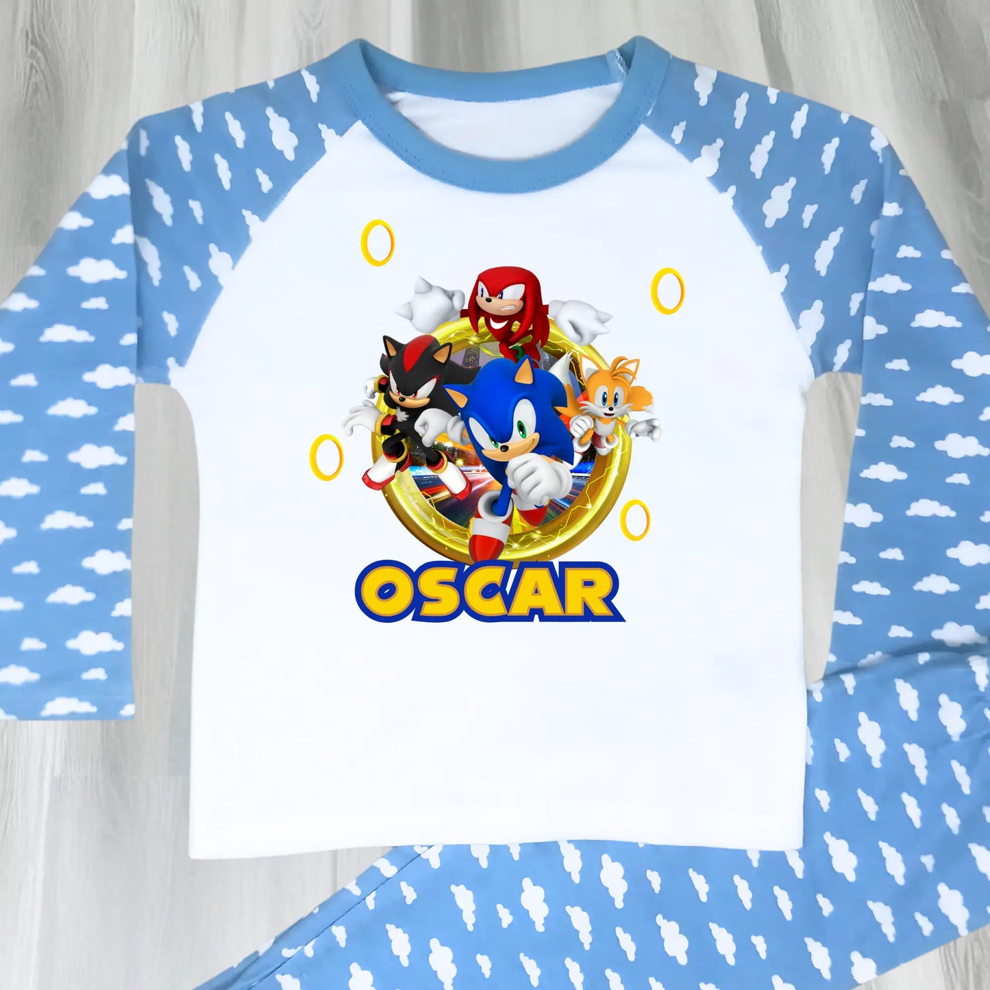 Sonic personalised pyjamas, sonic custom pajamas, gamers pjs with name, boys custom sonic pjs