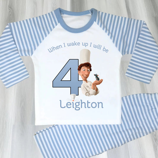 Ratatouille birthday pyjamas: Blue and white personalised birthday pyjamas with ratatouille character with name and age for boys