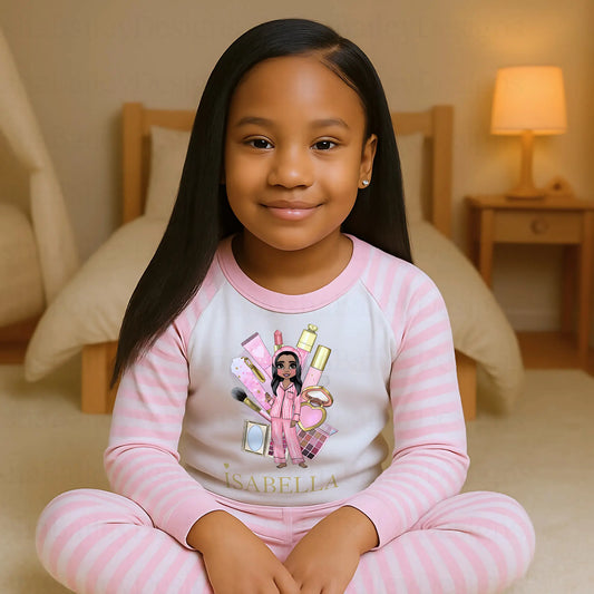 Girls makeup pyjamas, custom name pyjamas, pamper pyjamas, spa day nightwear, makeup dolly design, plouise pyjamas girl