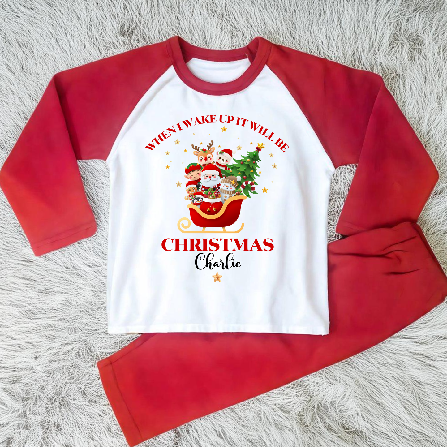 Personalised Christmas pyjamas with Father Christmas sleigh design for boys and girls, When uI wake up it will be Christmas