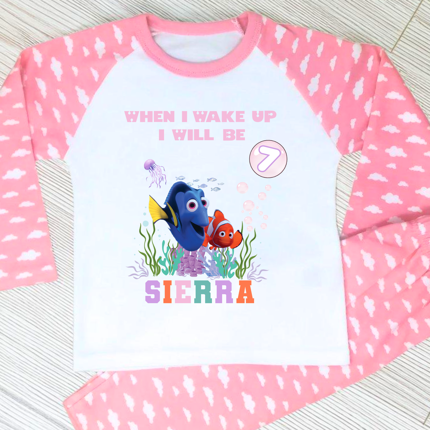 Nemo and Dory birthday pyjamas personalised with under the sea theme for girls