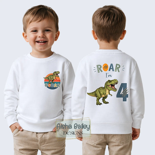 Personalised Boys Dinosaur Birthday Sweatshirt, Roar I’m 4 - 4th Birthday Jumper AishaBaileyDesigns