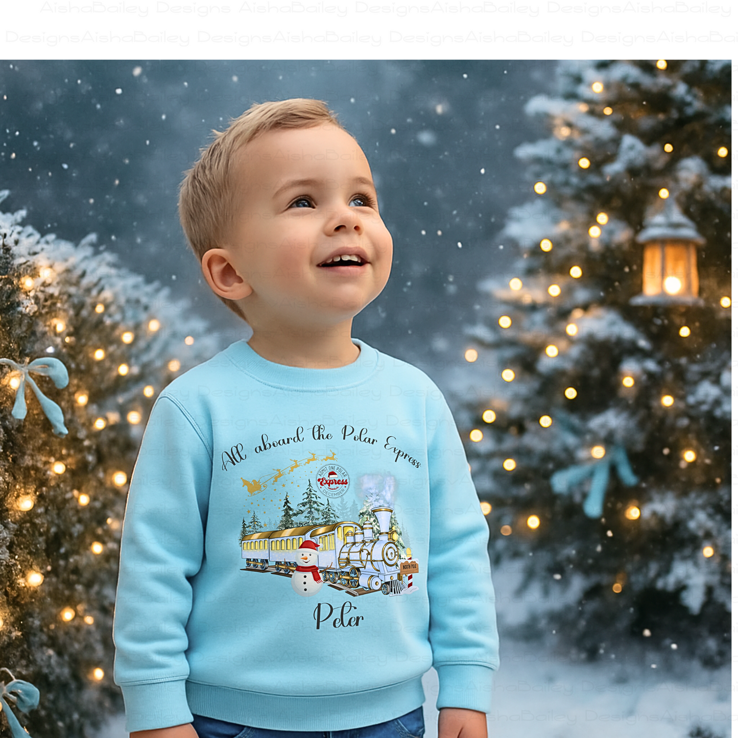 personalised christmas sweatshirt for boys featuring polar express festive design, soft cosy jumper customised with name, perfect Christmas gift outfit, Christmas jumper day