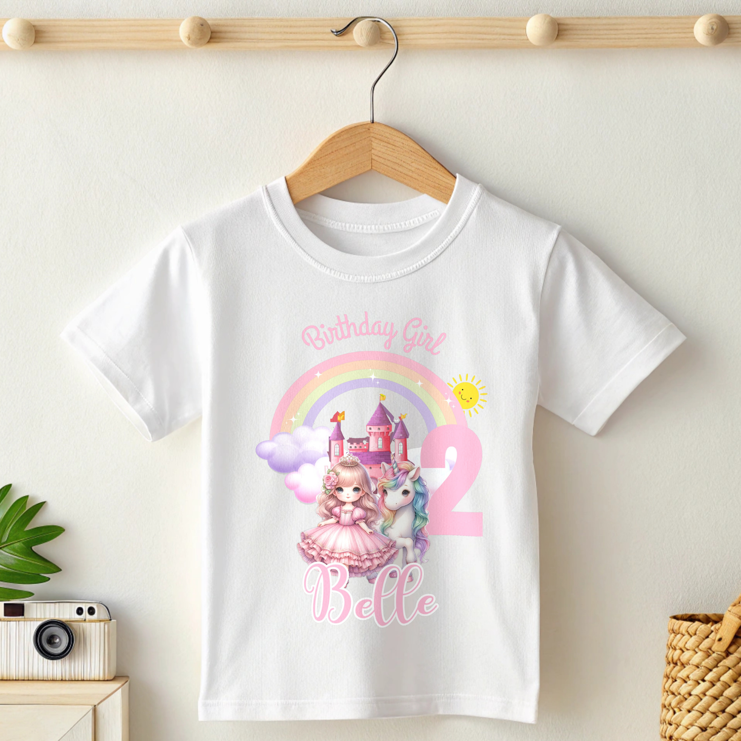 Girls' Personalised Princess and her Unicorn Birthday t-shirt - any name and age