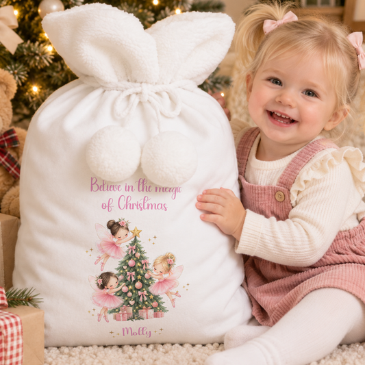 Personalised Christmas Stocking and Sack with pink Christmas fairies, festive tree and custom child’s name, available individually or as a matching set.