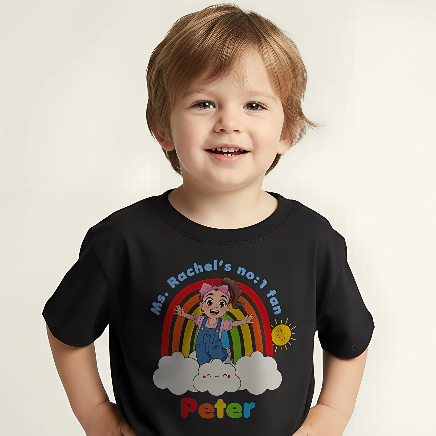 Boys personalised Ms Rachel T-shirt with rainbow and name printed on the front: Ms Rachel's no:1 fan