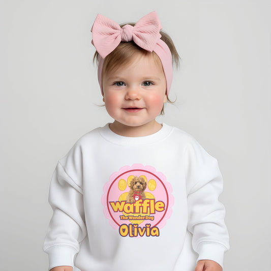 Personalised Waffle sweatshirt with Waffle the Wonder Dog and custom child name in pink design