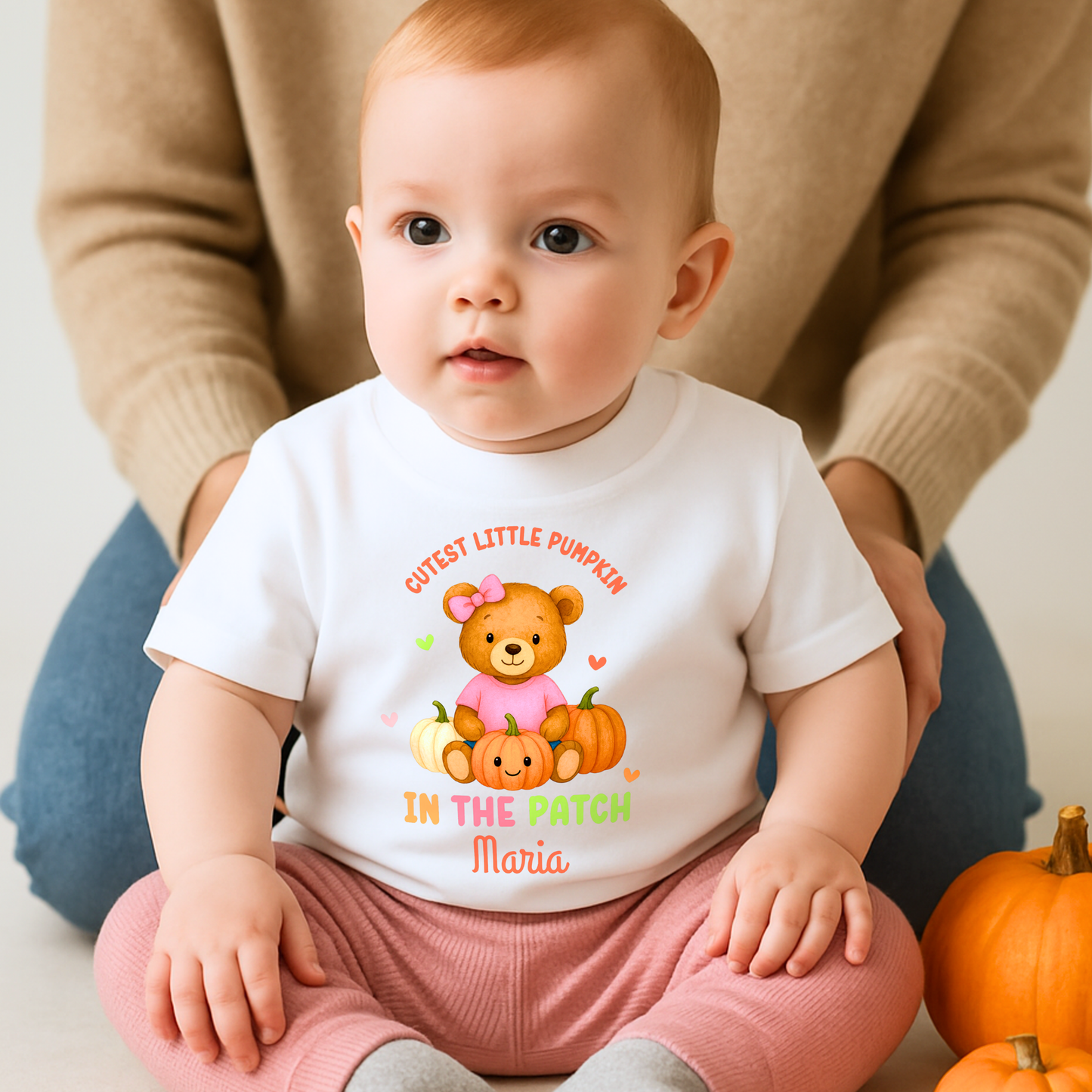 First Halloween Outfit: Personalised Halloween baby bib, romper, vest or t-shirt with teddy bear “Cutest Pumpkin in the Patch” design.