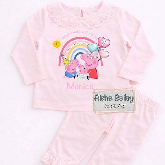 Girls Peppa Pig Frilly Birthday pyjamas with George and Evie with their custom name, Peppa Pig birthday gift