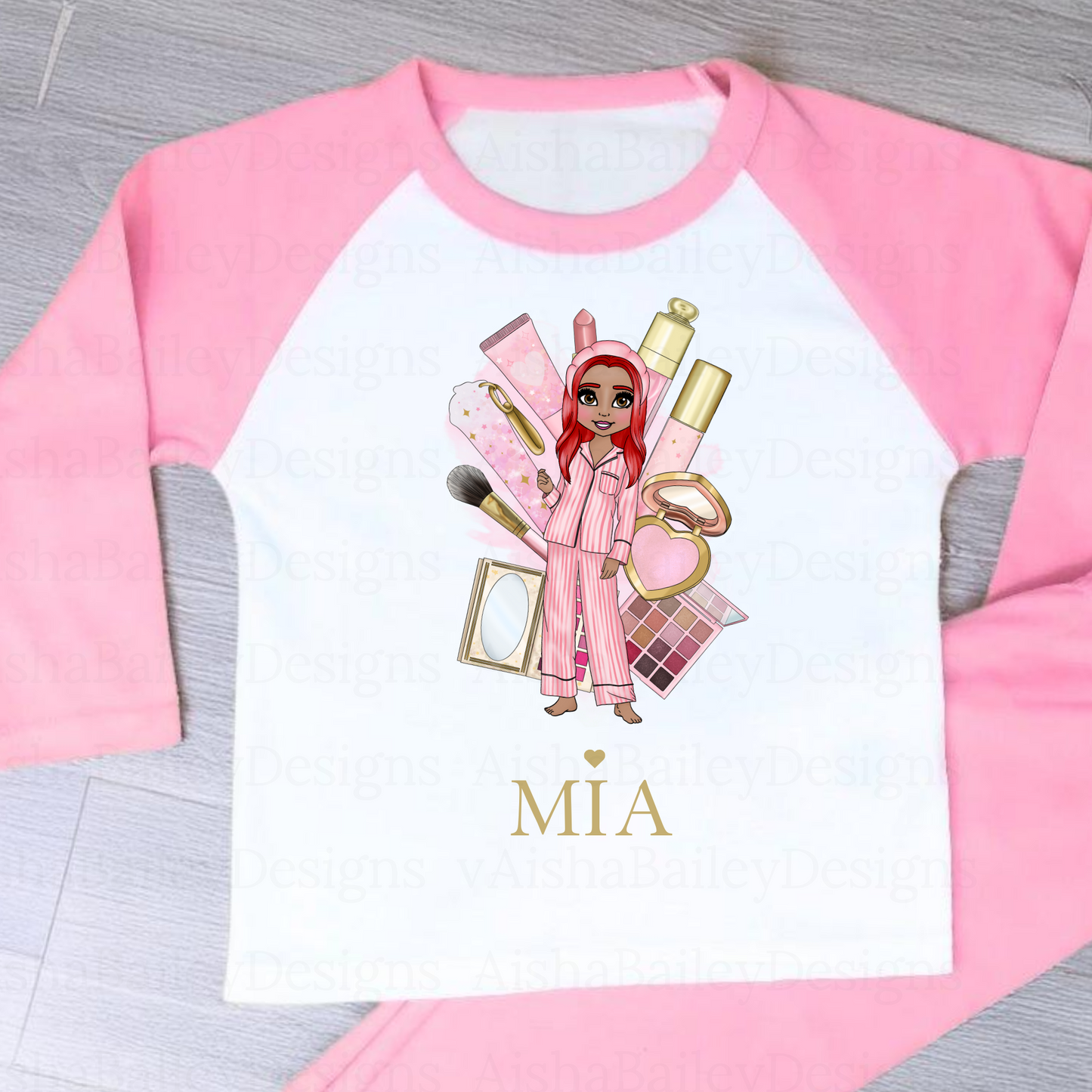 Girls makeup pyjamas, custom name pyjamas, pamper pyjamas, spa day nightwear, makeup dolly design, plouise pyjamas girl