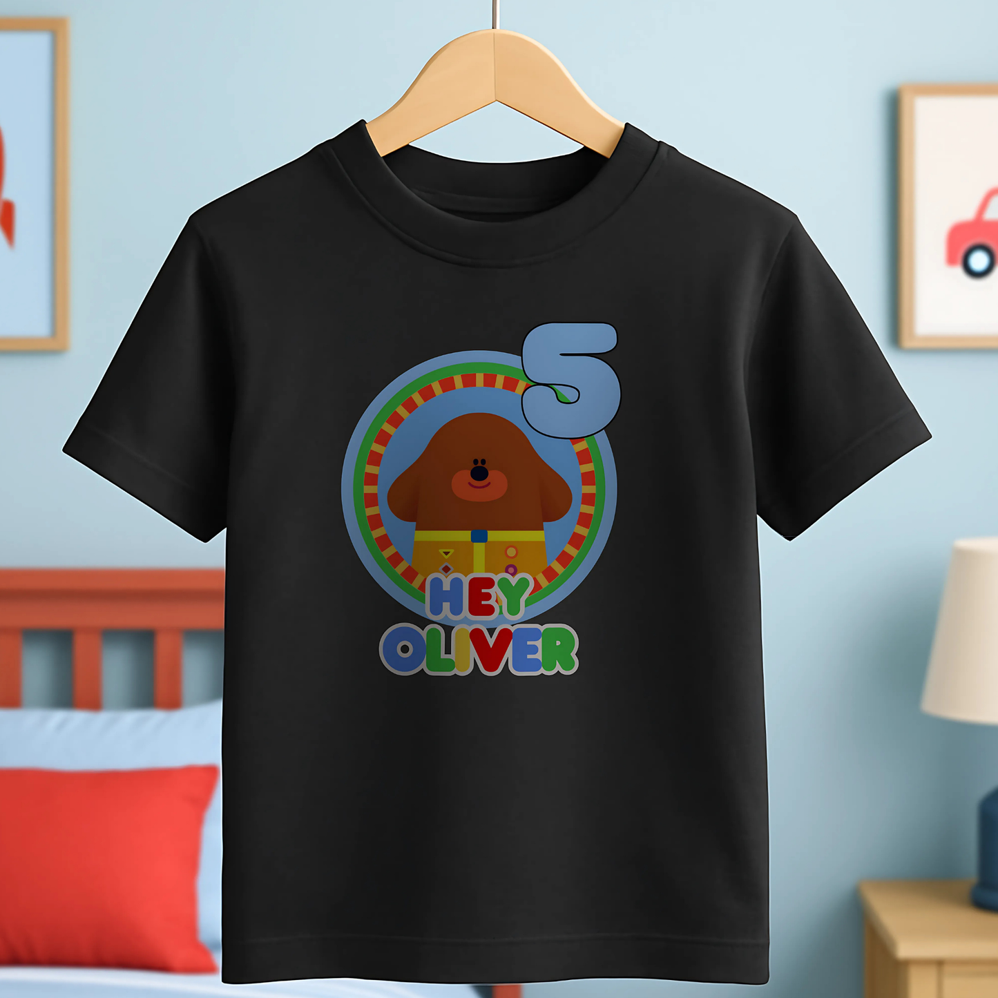 Hey Duggee Badge Birthday T-shirt: A lively and vibrant birthday t-shirt featuring the beloved character Hey Duggee, perfect for a child's special day. The shirt is customisable with the child's name and age, making it a personal keepsake. Made from 100% cotton, it promises comfort and durability for active play. The design's bright colours and the iconic Hey Duggee badge add a delightful touch that reflects the child's unique personality and love for the popular children's series.