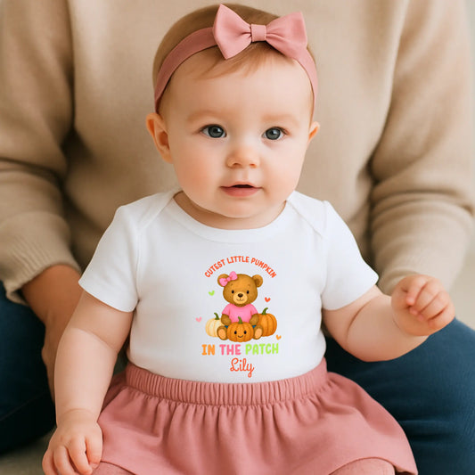 Baby’s First Halloween personalised pumpkin outfit for baby girl with teddy bear, pumpkins and Cutest Pumpkin in the Patch design.