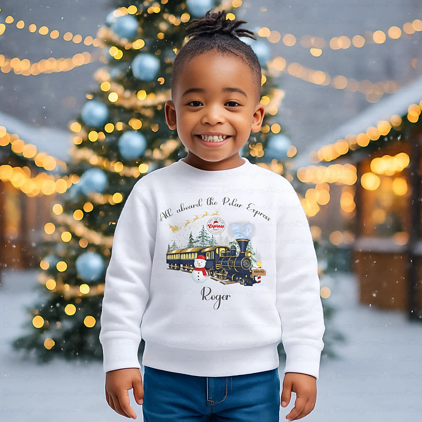 personalised christmas sweatshirt for boys featuring polar express festive design, soft cosy jumper customised with name, perfect Christmas gift outfit, Christmas jumper day
