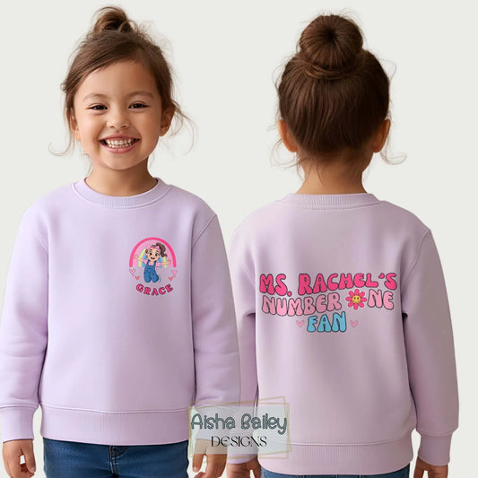 Personalised Ms Rachel Sweatshirt Number One Fan Sweatshirt for girls with custom name and back print in pastel colours
