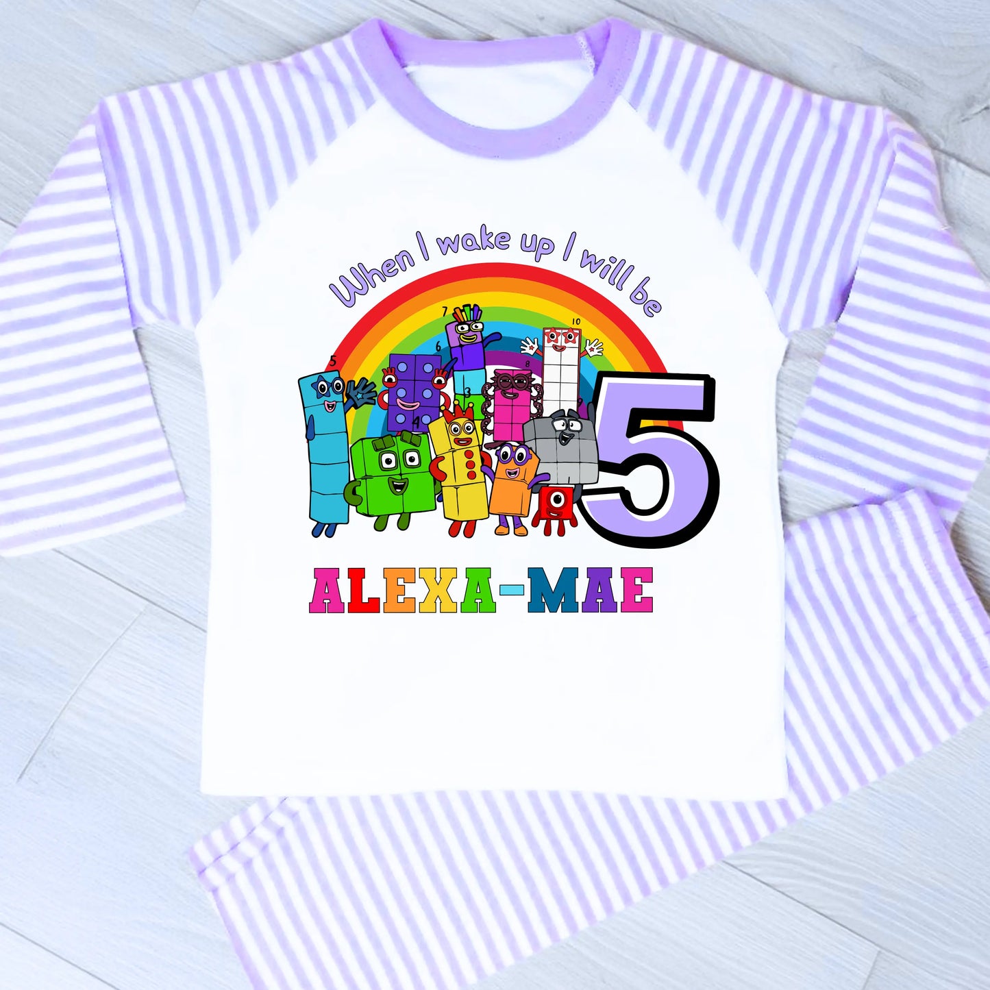 Numberblocks birthday pyjamas for girls personalised with name and age
Personalised girls birthday eve pyjamas featuring Numberblocks characters
Milestone birthday pyjama set with custom name and age