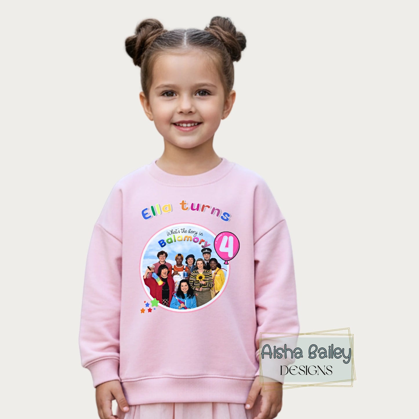Personalised Balamory birthday sweatshirt for girls with custom name and any age colourful birthday jumper for toddlers