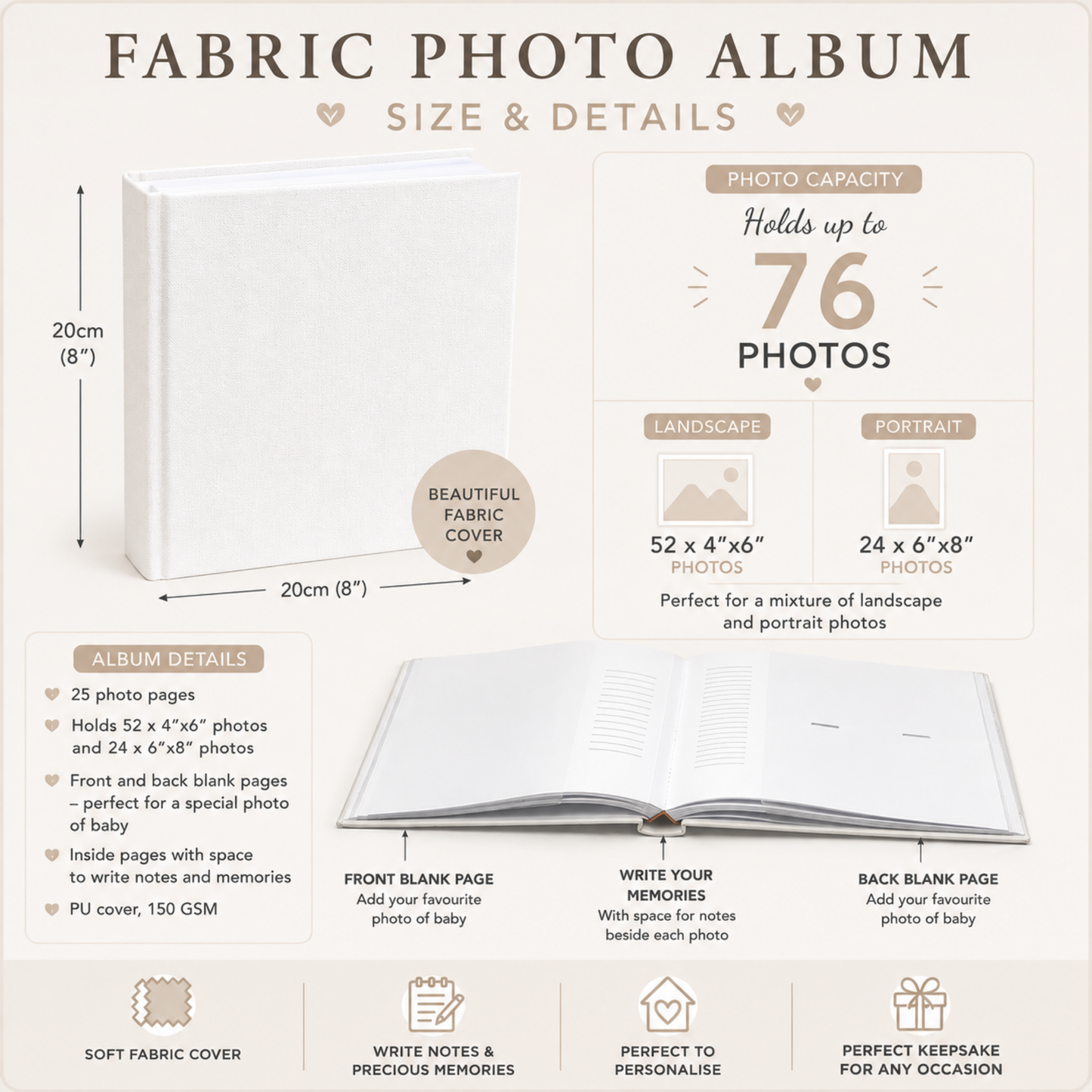 Personalised Baby Photo Album with blue safari animals, baby's name, birth date, time and weight, designed to capture his first year.
