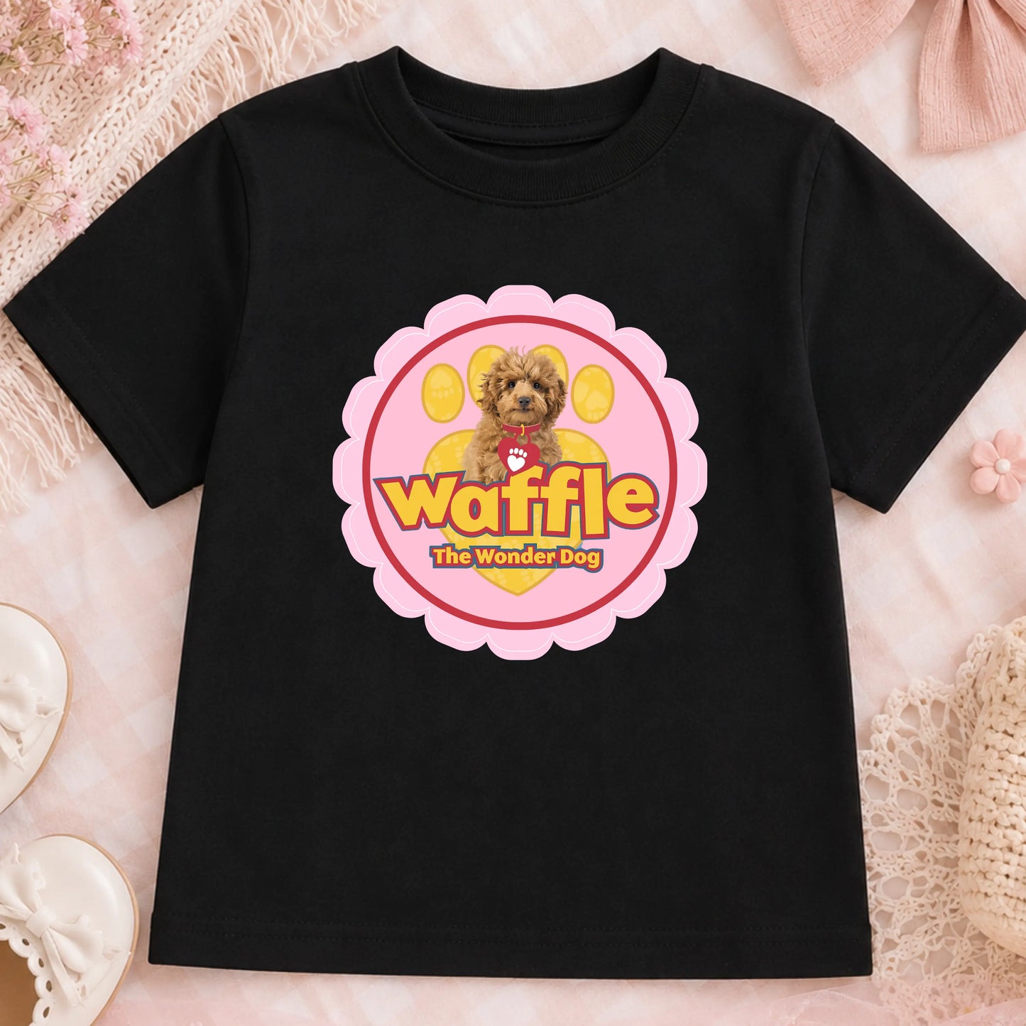Girls Personalised Waffle t-shirt for Everyday Wear: Waffle the Wonder Dog AishaBaileyDesigns