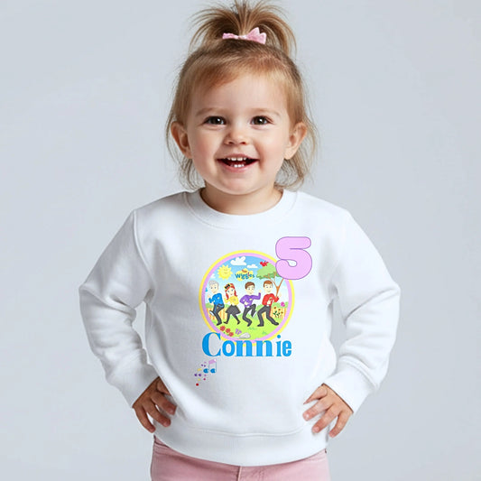 Wiggles birthday sweatshirt for girls with custom name and age.