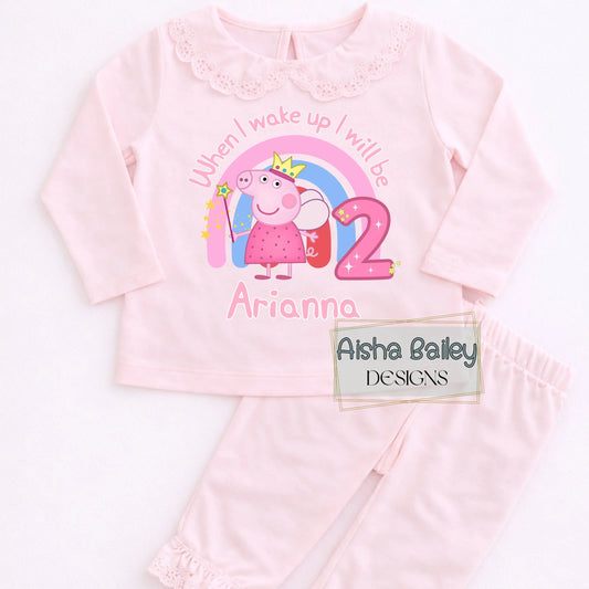 Girls Personalised Peppa Pig Frilly Birthday Pyjamas with custom name and age, princess Peppa rainbow design on frilly collar girls pyjama set