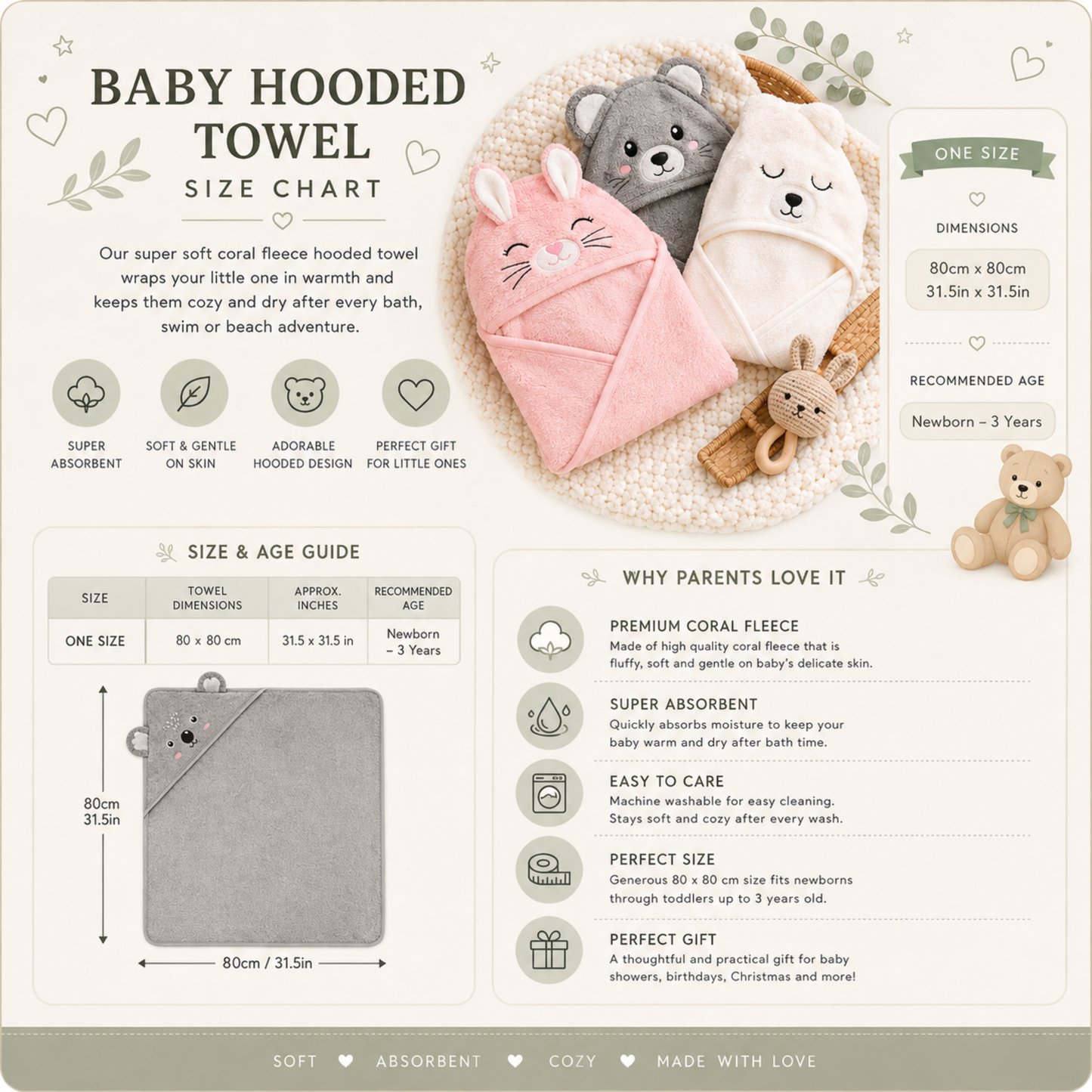 Personalised Embroidered Baby and Toddler Hooded Towel