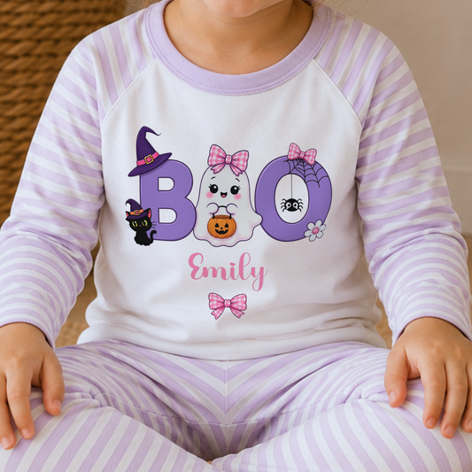 Personalised Halloween Pyjamas for Girls with lilac stripes, cute ghost BOO design and custom child’s name, perfect for girls during spooky season.
